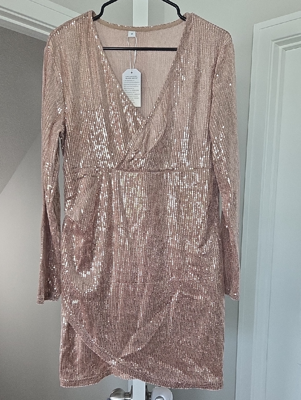 Long Sleeve Sequin Wrap Dress in Blush Pink